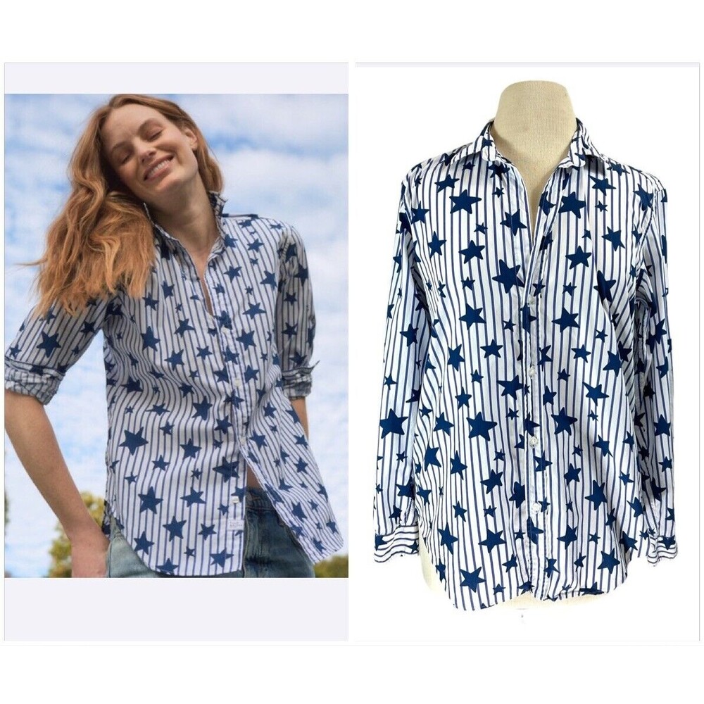 Frank & Eileen Shirt Womens Medium Blue Stripe Italian Cotyon Button Down Causal